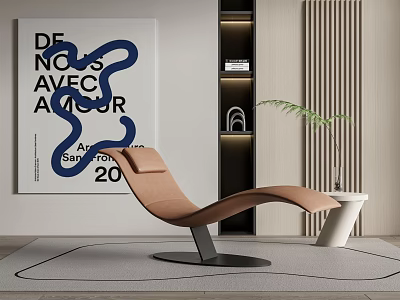 Tan Modern Lounge Chair In Contemporary Interior With Abstract Art And Green Plant 3d model