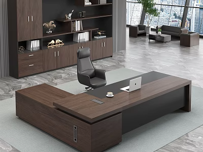 Modern Dark Wooden Office Desk With Laptop Coffee Cup Black Chair And Bookshelf Decorations 3d model