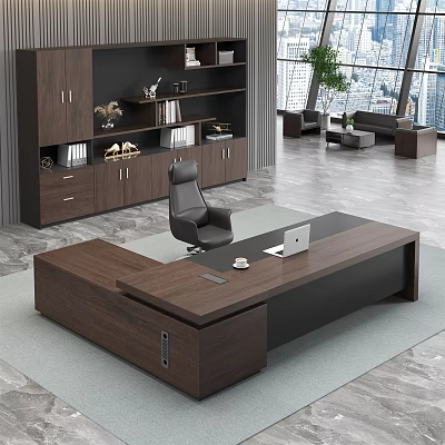 Modern Dark Wooden Office Desk With Laptop Coffee Cup Black Chair And Bookshelf Decorations 3d model