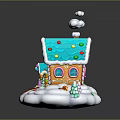 Festive Gingerbread House Featuring Blue Roof Colorful Candy Decorations White Snow And Small Christmas Trees
