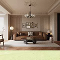 Elegant Living Room Interior With Brown Sofa Chandelier And Decorative Paintings