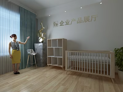 Enterprise Product Exhibition Hall Interior With Baby Crib Wooden Bookshelf And Sculpture 3d model