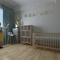Enterprise Product Exhibition Hall Interior With Baby Crib Wooden Bookshelf And Sculpture