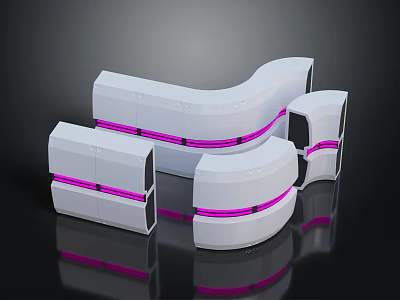 White Modular Scene Components With Pink Accent Lines And Curved Geometric Shapes 3d model