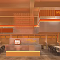 Modern Restaurant Interior With Orange Striped Decor And Open Seating Area 3d model