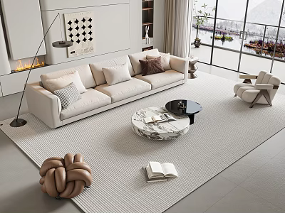 Modern Sofa and Coffee Table Set with Beige Upholstery Marble Top and Living Room Rug 3d model