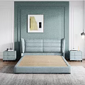 Light Blue Modern Double Bed with Upholstered Headboard Slat Frame Nightstands Artwork and Scenic Window