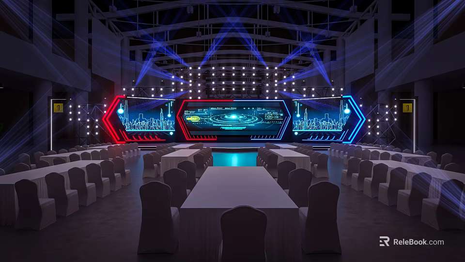 Grand Stage With Blue Red Lighting Large Digital Screens And Arranged Tables 3d model 