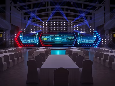 Grand Stage With Blue Red Lighting Large Digital Screens And Arranged Tables 3d model