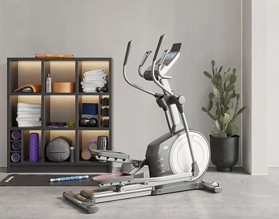 Home Fitness Equipment Setup With Elliptical Trainer Dumbbells Yoga Ball And Potted Plant 3d model
