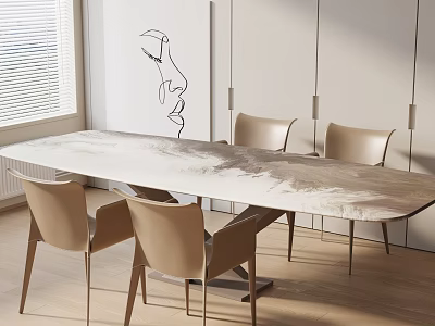 Elegant Dining Table Set With Long Marble Top And Light Brown Chairs And Line Art 3d model