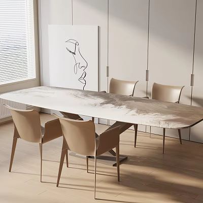 Elegant Dining Table Set With Long Marble Top And Light Brown Chairs And Line Art 3d model