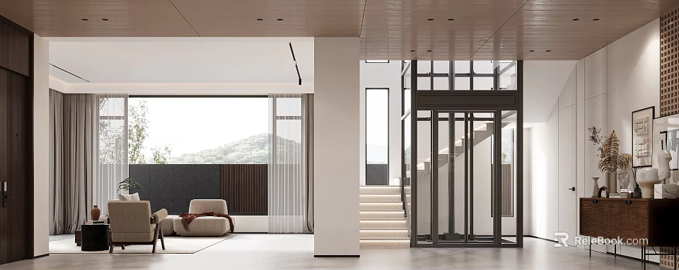 Modern Living Dining Area With Wooden Ceiling Large Windows Staircase And Mountain Views 3d model 