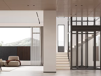 Modern Living Dining Area With Wooden Ceiling Large Windows Staircase And Mountain Views 3d model