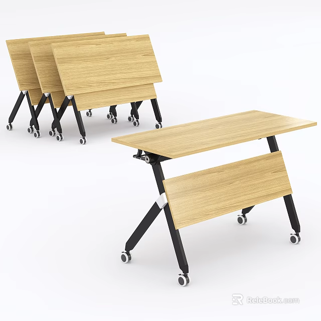 Foldable Wooden Conference Table With Black Frame And Rolling Wheels Design 3d model 