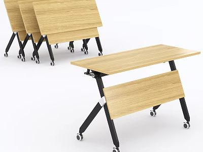 Foldable Wooden Conference Table With Black Frame And Rolling Wheels Design 3d model