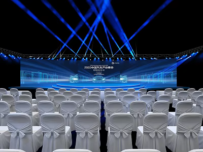 Modern Conference Hall Setup With White Chairs Stage Screen And Blue Lighting 3d model