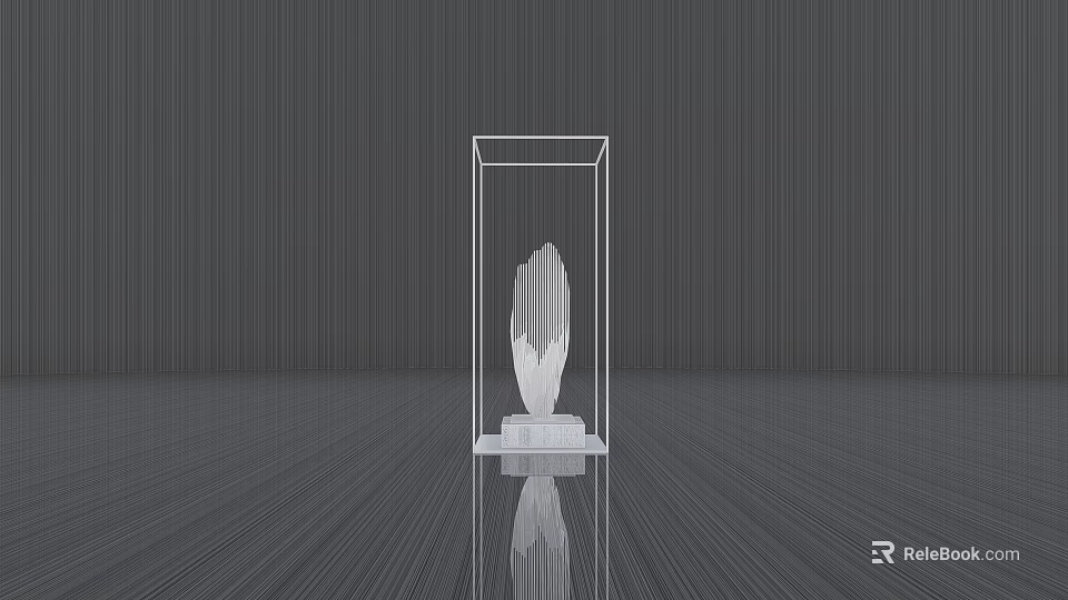 Modern Abstract Sculpture in Transparent Display Case with Gray Background and Reflective Floor 3d model 