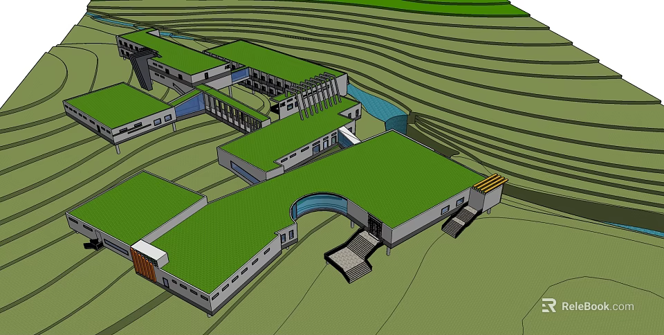 Green Roof Building Complex On Sloped Terrain With Connected Structures And Pathways 3d model