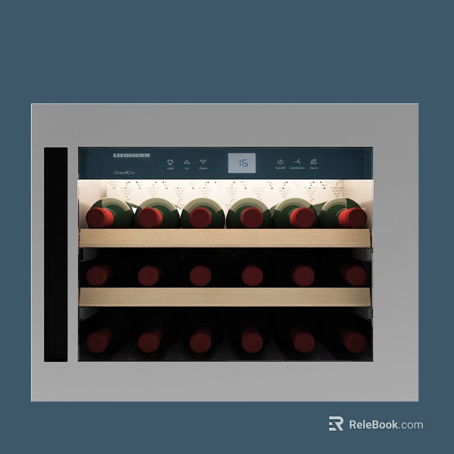 Modern Wine Cooler With Digital Display And Wooden Shelves For Red Wine Bottles 3d model 