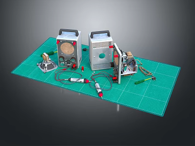 Laboratory Equipment Setup on Green Mat with Tools Wires and Small Metal Components 3d model