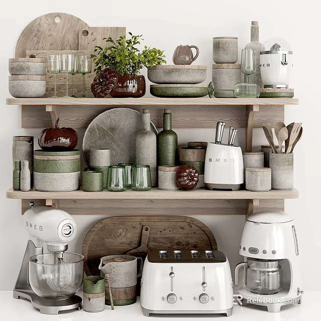 Modern Kitchen Utensils And Appliances On Wooden Shelves With Bowls Mugs And Plates 3d model 
