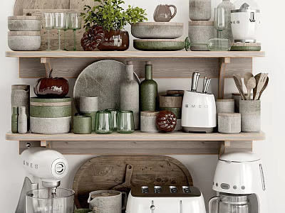 Modern Kitchen Utensils And Appliances On Wooden Shelves With Bowls Mugs And Plates 3d model