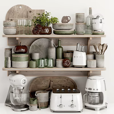Modern Kitchen Utensils And Appliances On Wooden Shelves With Bowls Mugs And Plates 3d model