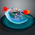 Game Movie Character Blonde Armored Battling Red Orange Creatures On Blue Flowing Water Platform