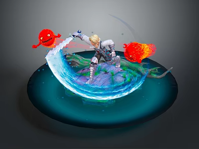 Game Movie Character Blonde Armored Battling Red Orange Creatures On Blue Flowing Water Platform 3d model