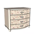 Decorative Cabinet With White Base Golden Handles Floral Patterns And Curved Front Design