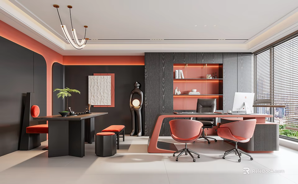 Modern Luxury Office Interior With Black Orange Desks Office Chairs Bookshelf Green Plant And Chandelier 3d model 
