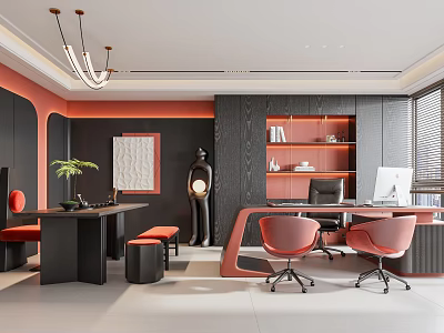 Modern Luxury Office Interior With Black Orange Desks Office Chairs Bookshelf Green Plant And Chandelier 3d model