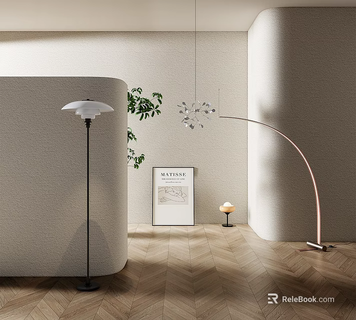 Modern Minimalist Floor Lamps With White Shade Curved Design Green Plant And Wooden Floor 3d model 