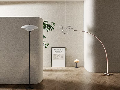 Modern Minimalist Floor Lamps With White Shade Curved Design Green Plant And Wooden Floor 3d model