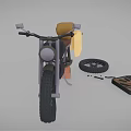 Vintage Motorcycle Being Repaired With Detached Wheel Tools And Brown Seat Bag