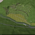 Scenic Terraced Garden Landscape With Lush Forest Winding River And Green Fields