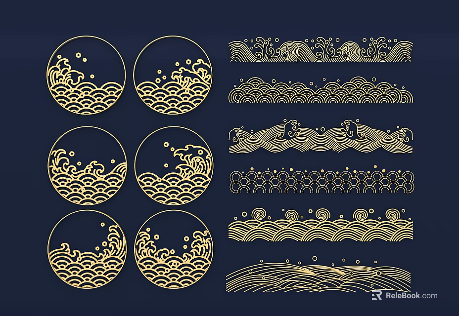 Golden Decorative Wall Decor with Wave Patterns and Oriental Circular Linear Designs 3d model