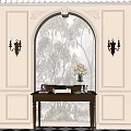 Elegant Entryway Console Table With Pink Flowers Vase Photo Frame Books And Wall Sconces