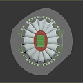 Modern Circular Stadium Design with White Dome Green Field and Red Seats