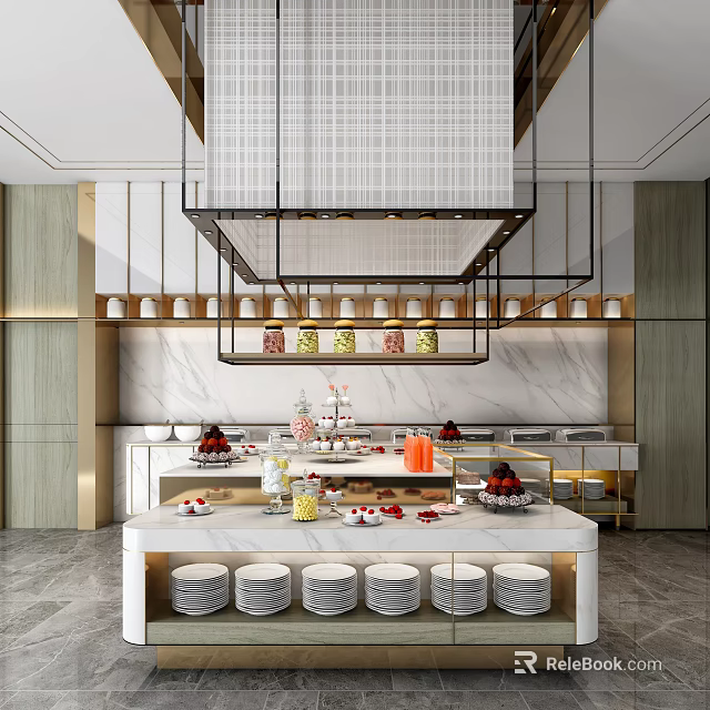 Elegant Modern Marble Dessert Counter With Various Desserts And Hanging Shelves 3d model 