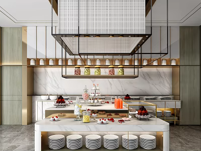 Elegant Modern Marble Dessert Counter With Various Desserts And Hanging Shelves 3d model
