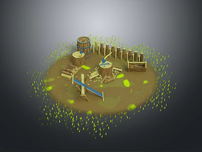 Wood and Stone Craft Scene Featuring Barrel Fence Bench Saw and Tree Stump 3d model