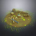 Wood and Stone Craft Scene Featuring Barrel Fence Bench Saw and Tree Stump