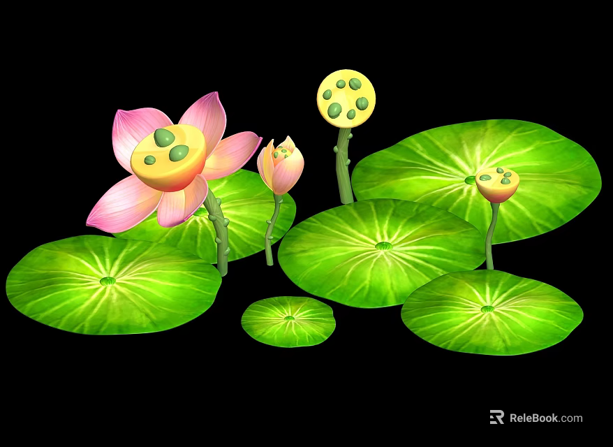 Beautiful Pink Lotus Flowers With Green Leaves And Seed Pods In Bloom 3d model 
