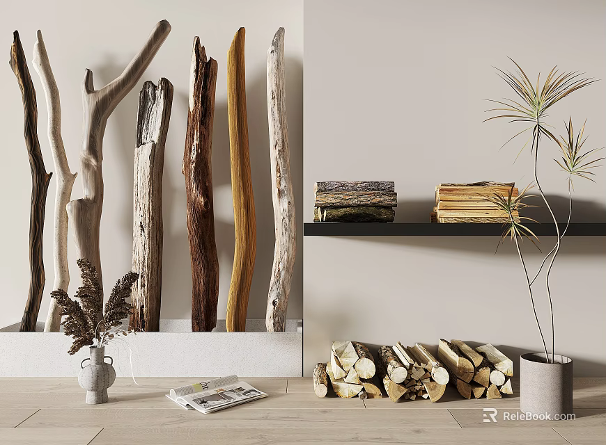 Rustic Stone and Wood Interior Display with Logs Stacked Wood Pieces and Potted Plant 3d model 