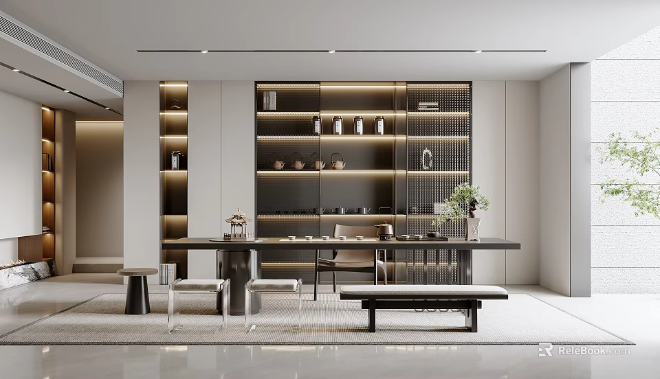 Modern Tea Room Interior Design With Open Layout Tea Table And Shelves Of Tea Wares 3d model 