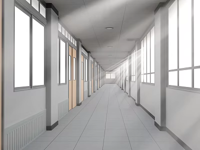 School Corridor With Bright Lighting And Large Windows 3d model