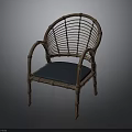 Elegant Wicker Rattan Armchair With Blue Cushion And Handwoven Back Design
