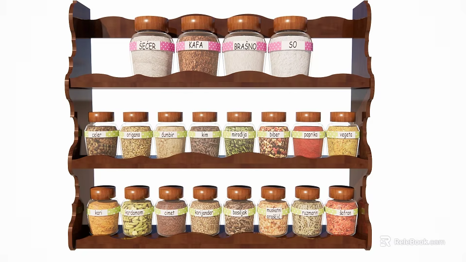 Spice Jars Arranged on Wooden Rack with Multiple Shelves and Labeled Containers 3d model 